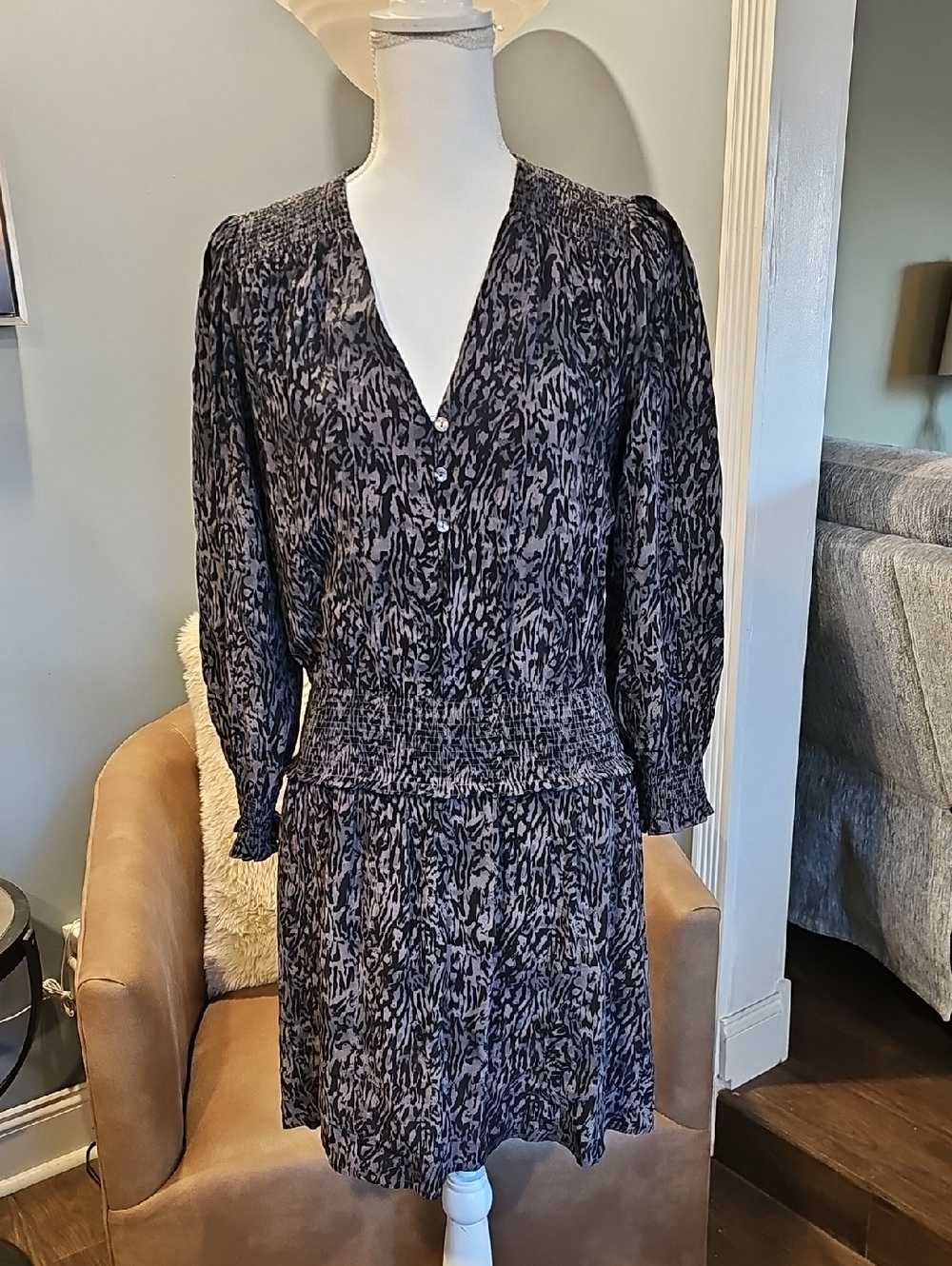 Rails Zana Abstract Animal Print Long Sleeve Mini Dress Sz M In Charcoal - Picture 4 of 10